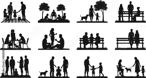 park, outdoor, silhouette, family, picnic, dog, child, leisure, nature, walking, sitting, relaxing, community, activity, interaction