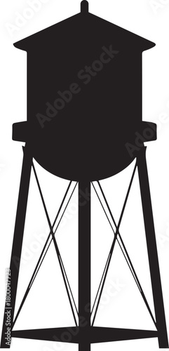 Silhouette of a classic vintage water tower with a conical roof and a wooden support structure against a white background