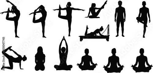 yoga, fitness, silhouette, pose, meditation, pilates, balance, flexibility, wellness, exercise, posture, training, mindful, strength, movement