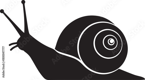 Stylized silhouette of a garden snail with a swirling shell and antennae isolated on a white background representing slowness and nature
