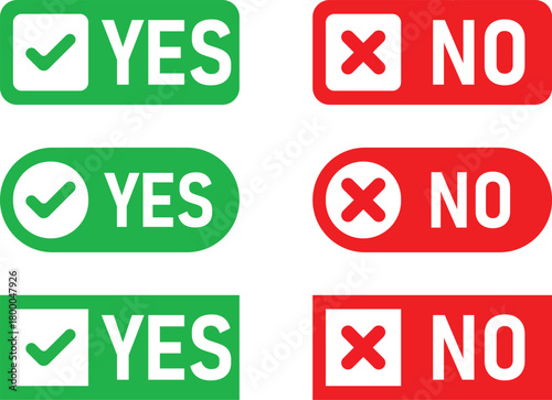 Set of three green rectangular buttons with white checkmarks and the word yes and three red rectangular buttons with white crosses and the word no