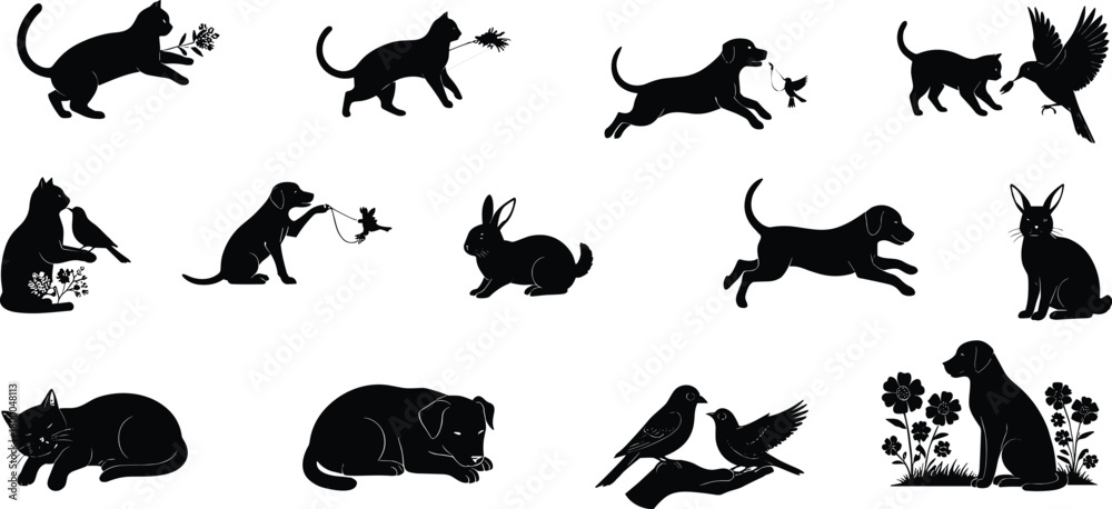 Naklejka premium animals, silhouette, cat, dog, bird, rabbit, nature, flower, interaction, peaceful, playful, pet, wildlife, companion, illustration