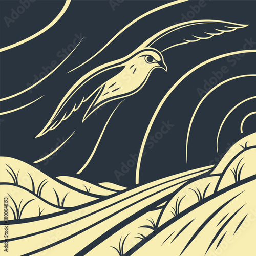 Stylized illustration of a bird of prey soaring over rolling hills and fields under a dark sky with abstract lines vector illustration of an abstract background