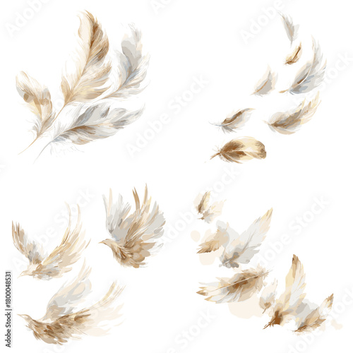 Angelic feather and wing sets in beige and ivory floating clusters and gentle flight poses. Soft watercolor clipart for wedding stationery, cards, logos, and serene branding.