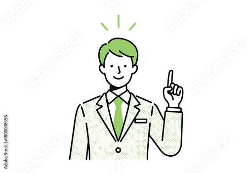 Businessman in suit points up, has a new bright idea or solution. - Flat stock illustration