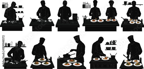 chef, cooking, kitchen, silhouette, food, preparation, culinary, plating, chopping, stove, utensils, cuisine, professional, restaurant, activity