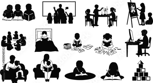 education, children, learning, silhouette, reading, science, art, technology, teaching, classroom, activity, development, creativity, interaction, exploration