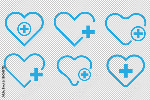 set of heart icon with plus and set of Favorites heart Icon, set of medical icons.