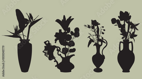 Hand drawn vases set. Flowers bouquets silhuette. Clip art flower arrangement in vase. Minimalist illustration.
