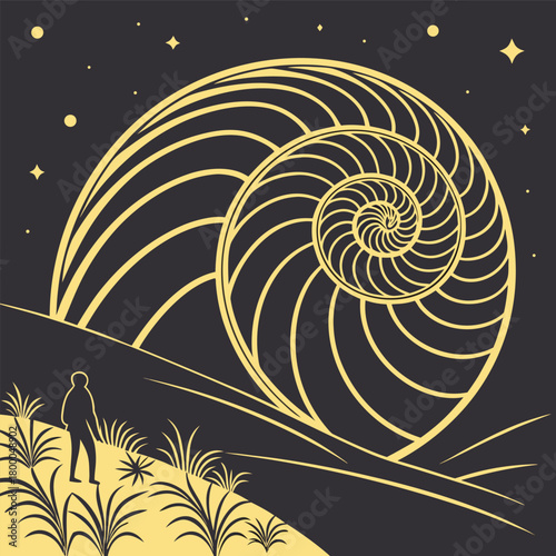 A solitary figure stands on a grassy hill gazing at a giant golden nautilus shell against a starry night sky vector illustration of an abstract floral background
