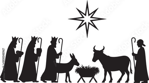 Christmas nativity scene silhouette set. Vector illustration of Biblical characters including three wise men shepherd and holy family