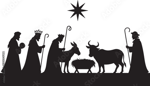 Christmas nativity scene silhouette set. Vector illustration of Biblical characters including three wise men shepherd and holy family