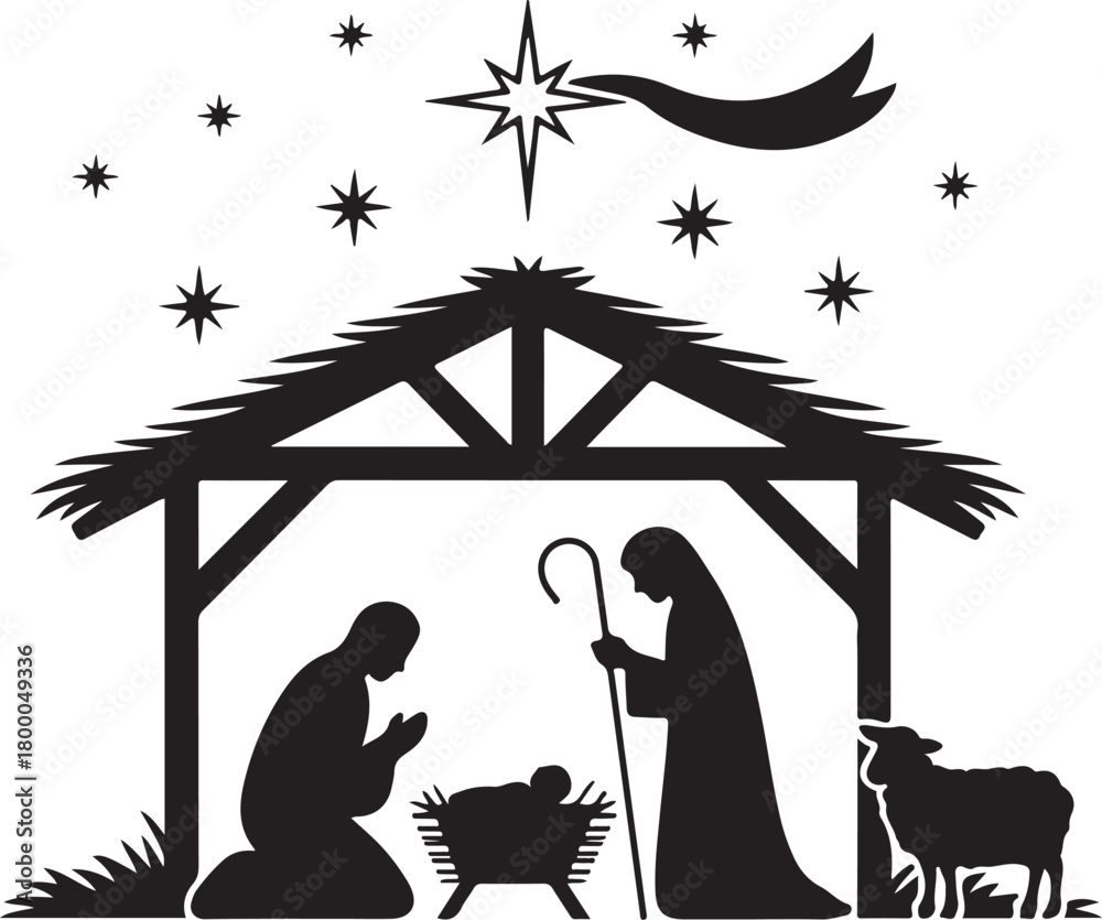 Fototapeta premium Christmas nativity scene silhouette with holy family. Vector illustration of the birth of Jesus with Mary Joseph manger and Star of Bethlehem