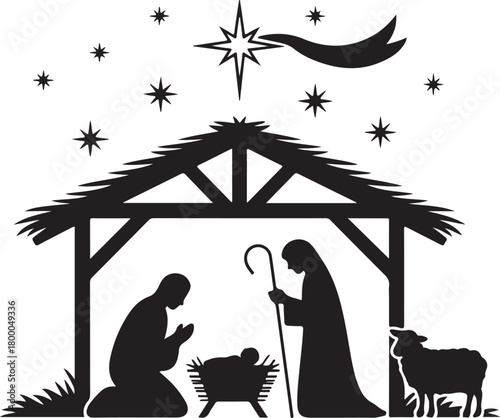 Christmas nativity scene silhouette with holy family. Vector illustration of the birth of Jesus with Mary Joseph manger and Star of Bethlehem