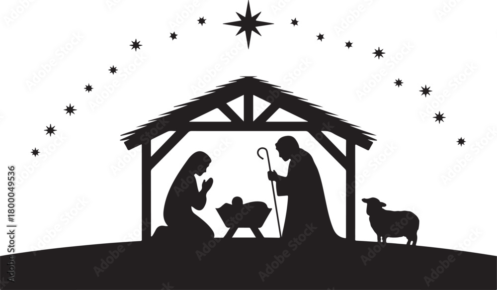 Obraz premium Christmas nativity scene silhouette with holy family. Vector illustration of the birth of Jesus with Mary Joseph manger and Star of Bethlehem