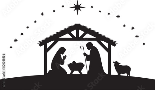 Christmas nativity scene silhouette with holy family. Vector illustration of the birth of Jesus with Mary Joseph manger and Star of Bethlehem