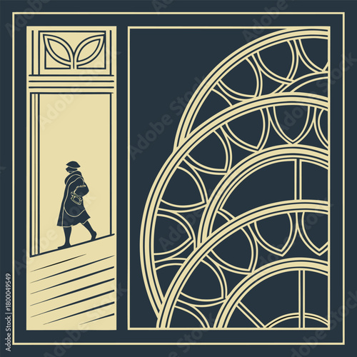 Art deco silhouette of a person in a coat and hat walking through a stylized doorway with geometric patterns and a large circular window design vector illustration of an abstract floral background