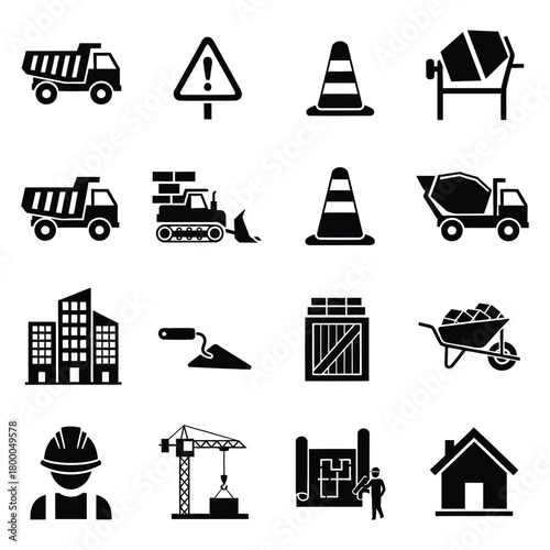 Construction and Building Icons Set vector silhouette industry equipment architecture engineer worker truck crane cement mixer