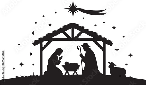 Christmas nativity scene silhouette with holy family. Vector illustration of the birth of Jesus with Mary Joseph manger and Star of Bethlehem