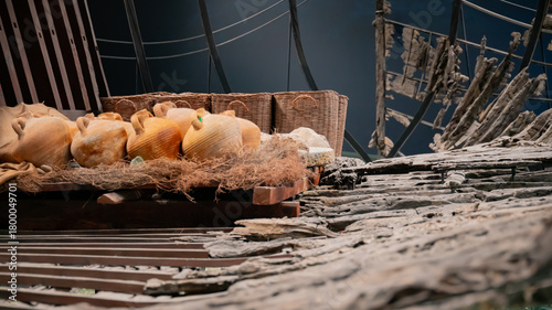 Photos Ancient amphorae and wooden ship remains displayed in a museum