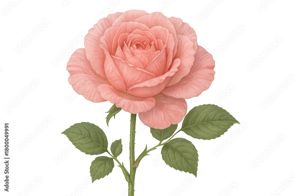 Fototapeta premium Pink rose bloom with detailed petals and green foliage, painted in watercolor style, transparent background