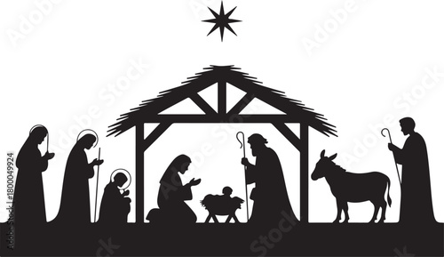 Christmas Nativity scene silhouette. The birth of Jesus in Bethlehem. Christian holiday vector illustration with Mary Joseph and baby Jesus in the manger under the shining star 
