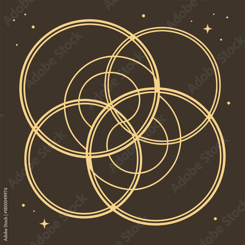 Abstract geometric pattern of overlapping golden circles and stars on a dark brown symbolizing harmony and connection abstract background with golden rings