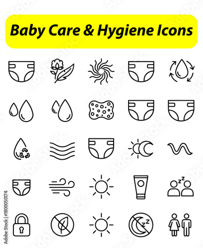 set of Baby Care & Hygiene Icons,
Baby Care & Hygiene Icons,
Minimalist Line Art for Diapers, Fabrics & Safety
