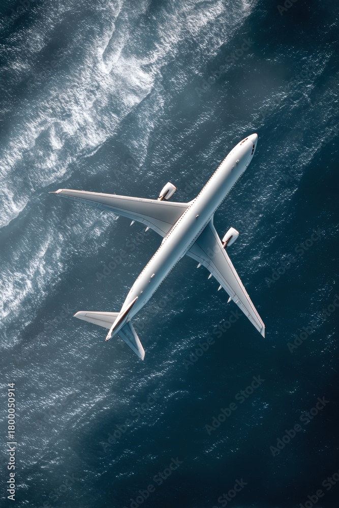 Fototapeta premium Aerial View of Modern Passenger Jet Soaring Over Ocean in Daylight