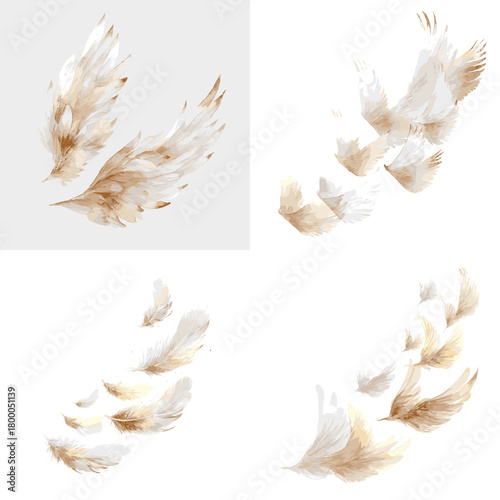Angel wing watercolor sets in soft beige and ivory—airy plumes and floating feathers, isolated on light backgrounds. Ideal for wedding stationery, cards, logos, and serene branding.