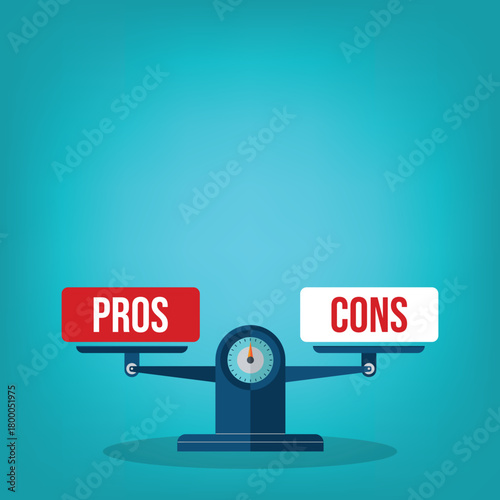 The words pros and cons balanced on a seesaw. Comparing positive advantages or negative disadvantages	