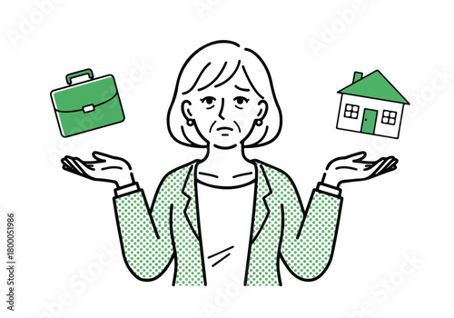 Senior woman weighing career and home life options seriously - Flat stock illustration