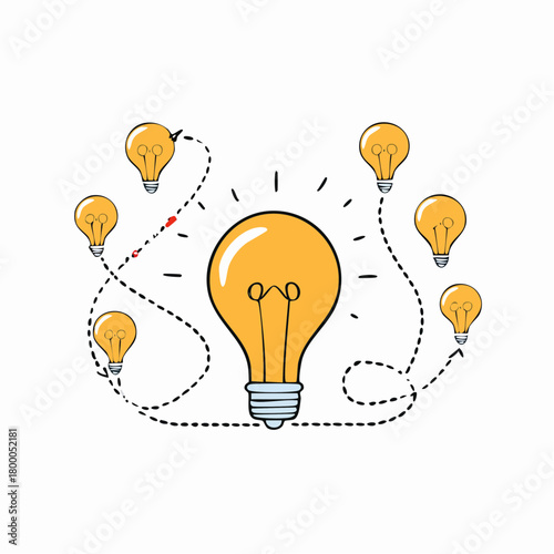 Concept of simplifying complex, confuse problem, purpose understand. Chaos path and idea concept with doodle lightbulbs.