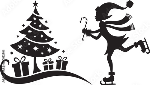 Christmas scene silhouette with ice skating elf and decorated tree. Winter holiday vector illustration with Santa's helper gift boxes and stars. Festive design element