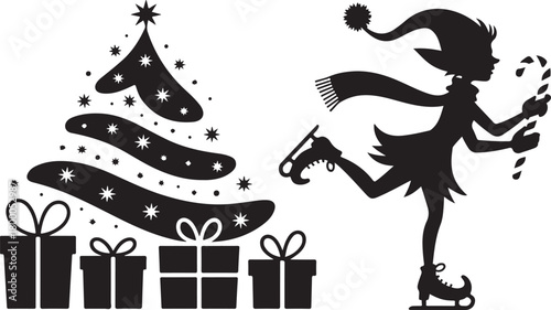 Christmas scene silhouette with ice skating elf and decorated tree. Winter holiday vector illustration with Santa's helper gift boxes and stars. Festive design element