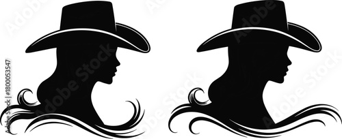 Cowboy hat silhouette profile pair, western fashion icons, decorative swirl design, black and white flat vector illustration, elegant style