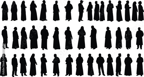 Standing people silhouette grid, traditional robe figures, cultural posture variation, black shapes, minimal design, flat vector illustration, isolated icons