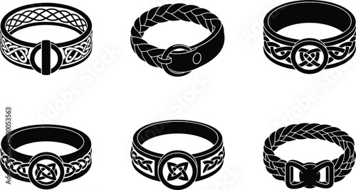 Celtic ring bracelet silhouette set, knotwork jewelry icons, braided pattern design, black and white flat vector illustration, cultural ornament