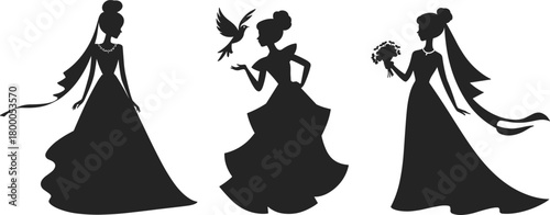 Elegant women in ball gowns, silhouette poses, formal dress fashion, bouquet and bird accessories, black and white flat vector illustration