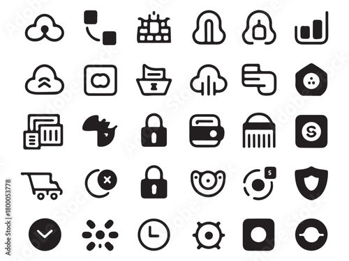 A comprehensive collection of diverse black glyph icons for web design, mobile applications, user interfaces, and business presentations. this versatile set includes symbols for technology, finance, c