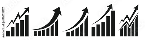 Set of five black and white bar chart graphs with upward trending arrows symbolizing growth and success