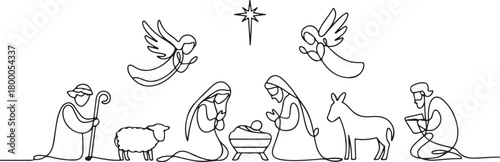 Continuous one line drawing. Bible Merry christmas scene of holy family. Vector illustration