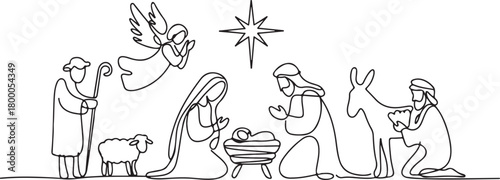 Continuous one line drawing. Bible Merry christmas scene of holy family. Vector illustration