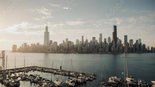 Chicago Skyline and Marina: A Serene Cityscape at Sunrise