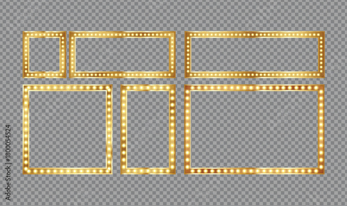 Set of vintage marquee frames with glowing bulbs on a transparent background