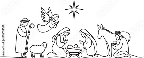 Continuous one line drawing. Bible Merry christmas scene of holy family. Vector illustration