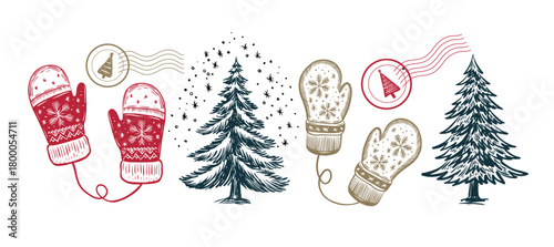 Christmas trees, mittens,  set on white	
