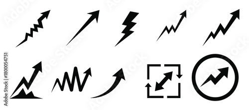 Collection of black upward trending arrows and lightning bolt symbols representing growth progress and success