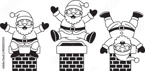 Funny Santa Claus going down the chimney silhouette set. Collection of cartoon Santa character stuck on the roof. Christmas holiday vector illustration for festive design