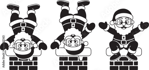 Funny Santa Claus going down the chimney silhouette set. Collection of cartoon Santa character stuck on the roof. Christmas holiday vector illustration for festive design